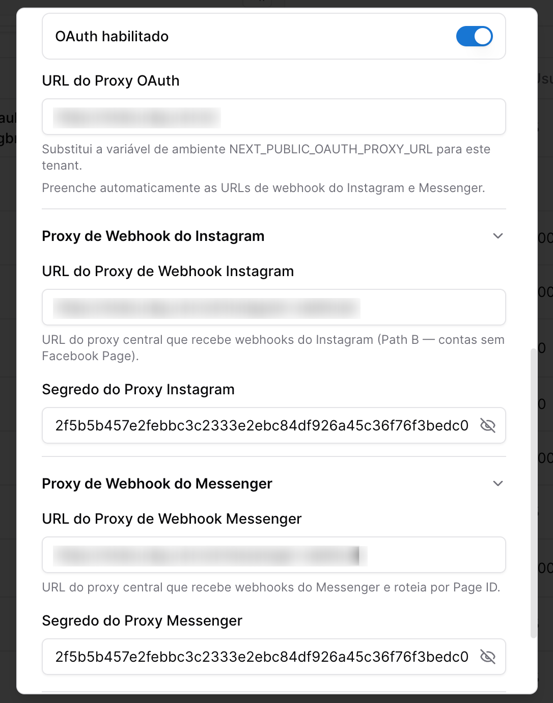 Zapybot - tela de configuração do Tenant - oauth instagram e facebook messenger
