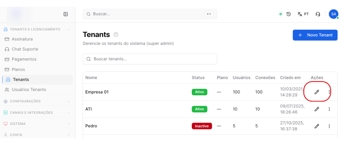 Zapybot - tela de gestão de Tenants - como editar tenant