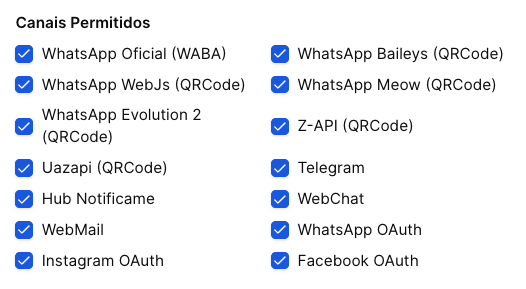 Zapybot - tela de configuração do Tenant - canais liberados